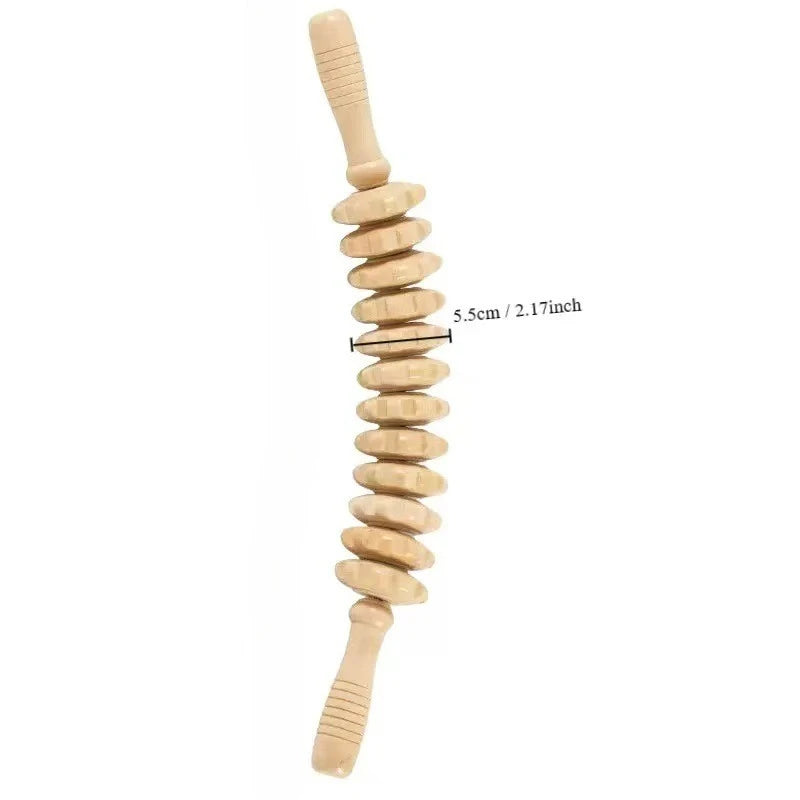 Body Fascia Massager Anti-slip Handle Wood Grooved Gear Arms Legs Thighs Buttocks Smooth Roller Massager for Back Relaxation